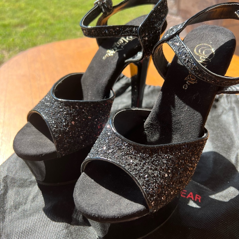 Pleaser black glitter 6in heels. Wore them once. Size 7. No scratches, like new